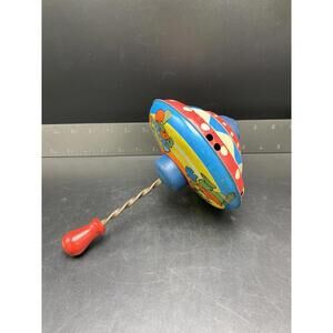 10" Vintage Tin Metal Spinning Top Bear Baseball Works